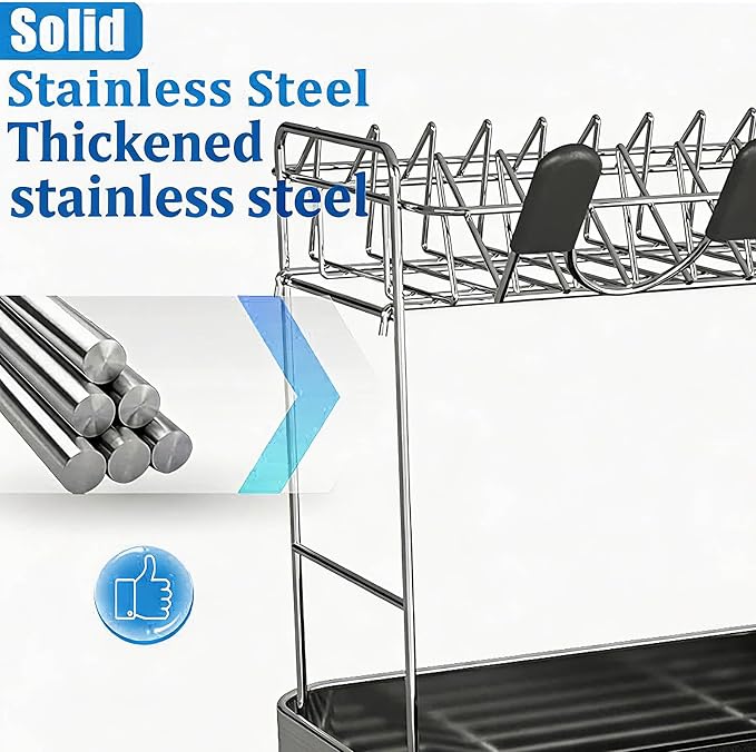2-Tier Stainless Steel Dish Drying Rack with Drainboard – Large Kitchen Counter Organizer, Includes Utensil, Cup & Cutting Board Holders - Image 5