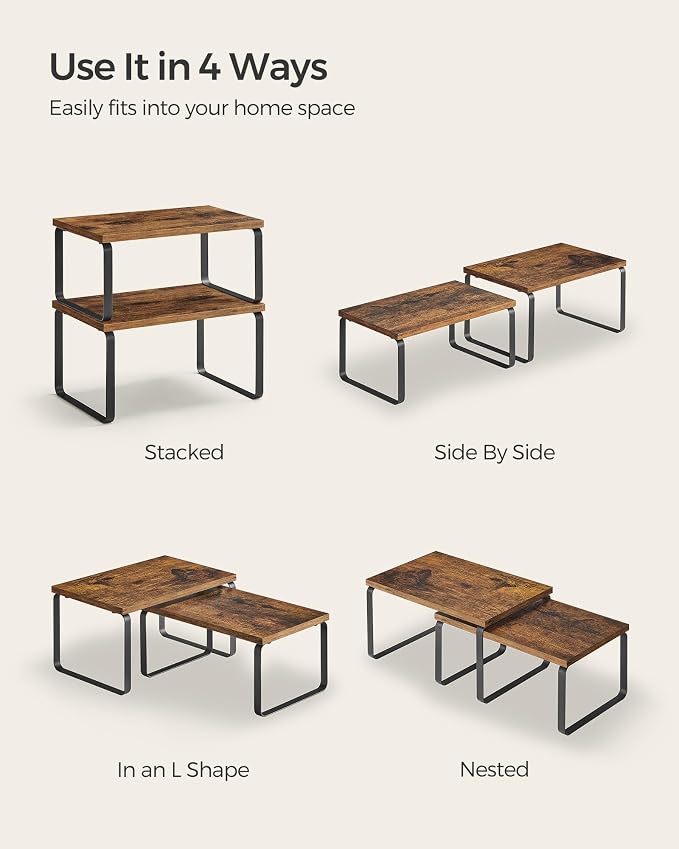 SONGMICS Cabinet Organizer Shelf, Set of 2 Kitchen Counter Shelves, Kitchen Storage, Spice Rack, Stackable, Expandable, Metal and Engineered Wood, Ink Black and Rustic Brown UKCS020X01 - Image 7