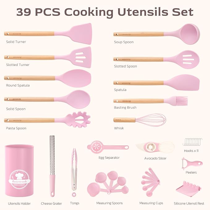 Astercook Kitchen Utensils set, 39 PCS Silicone Cooking Utensils Set with Wooden Handle, 446°F Heat Resistant Food Grade Utensil Sets, BPA Free Kitchen Gadgets Tools Set for Nonstick Cookware (Pink) - Image 9