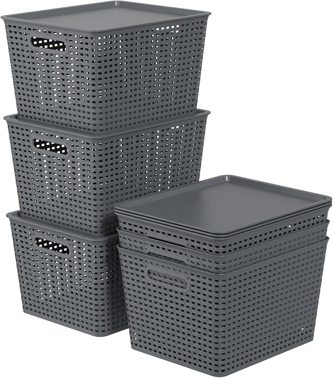 6-Pack Large Plastic Storage Baskets with Lid, Stackable Bins | 13.98" x 11.57" x 8.66", Organizer Bins for Office, Bathroom, Kitchen, Pantry, Gray - Image 7
