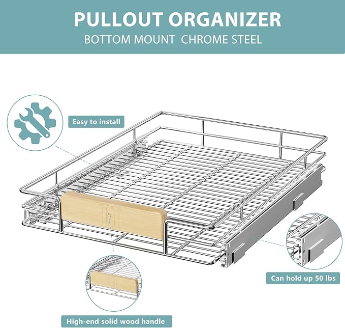 LOVMOR Pull Out Cabinet Organizer with Wooden Handle, 16½" W x 21½"Heavy Duty Cabinet Drawers Shelves Slide Out Organizer for Kitchen, Pantry - Image 9