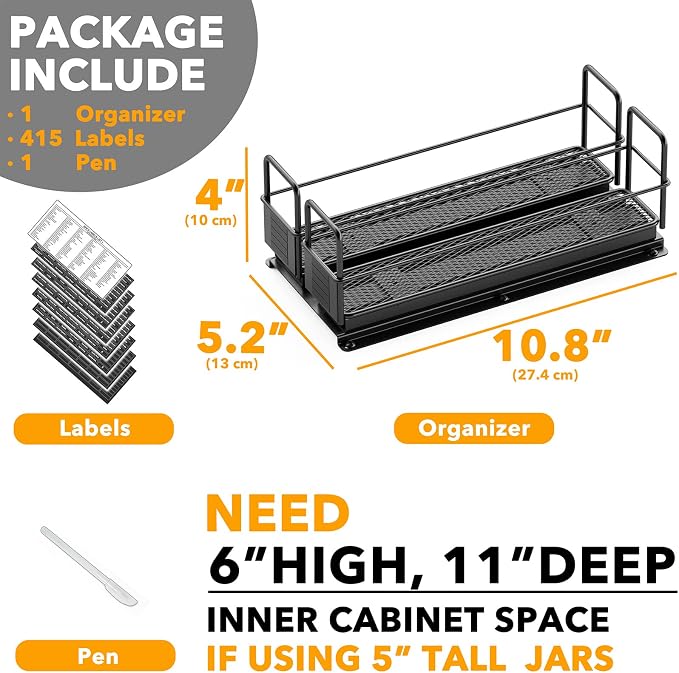 SpaceAid Pull Out Spice Rack Organizer for Cabinet, Heavy Duty Slide Out Seasoning Kitchen Organizer, Cabinet Organizer, with Labels, 5.2" W x10.8 D x4 H, 2 Drawers 1-Tier - Image 6