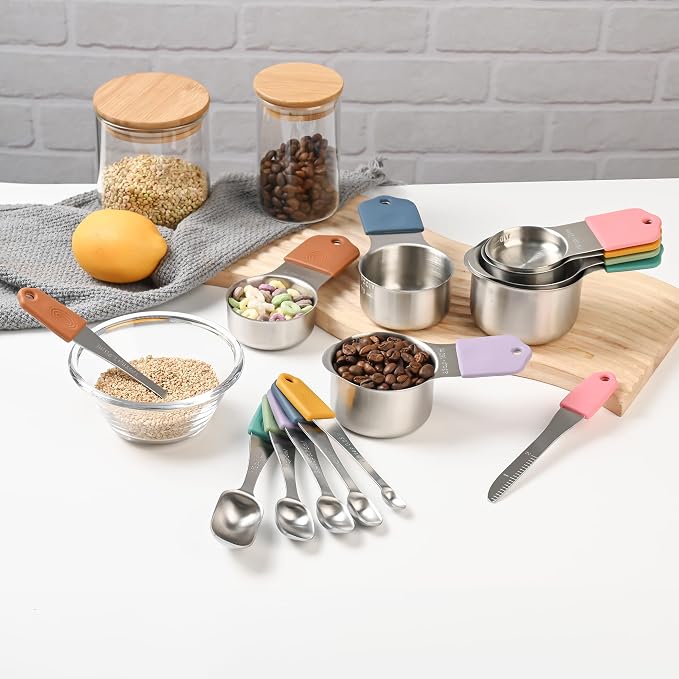 Magnetic Measuring Cups & Spoons Set 15, Stainless Steel Measuring Cups and Spoons Set, Color Heavy Duty Metal Measuring Cups&Spoons Set w/Leveler & Measure Equivalents for Cooking & Baking - Image 8