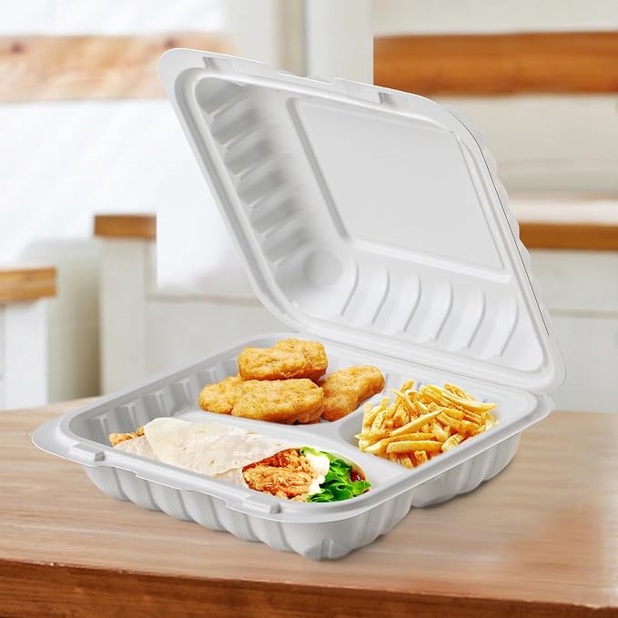 Food Containers 8" 34 oz 55 Pack - Shrink Wrapped Ready to Use | 3 Compartment Mineral Filled PP Clamshell | Microwave & Freezer Safe | BPA Free White To Go Boxes for Meal Prep & Leftovers - Image 6