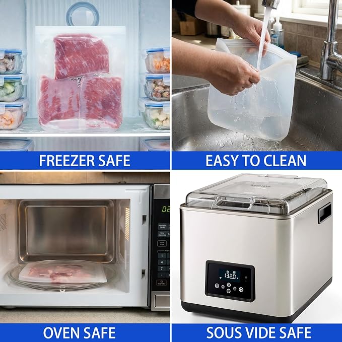 100% Silicone Flat Gallon Freezer Bags, 4 Pack Extra Large Reusable Silicone Ziplock Bags Gallon Size for Freezer, Double Zipper Seal, BPA & Microplastic Free, Freezer Microwave Sous Vide Safe, Clear - Image 7