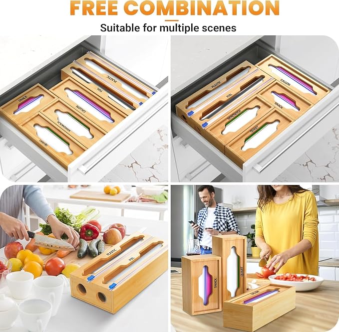 6 In 1 Bag Storage Organizer With Foil and Plastic Wrap Dispenser | Extended Aluminum Foil Holder, Bamboo Baggie Drawer for Gallon, Quart, Snack - Image 7