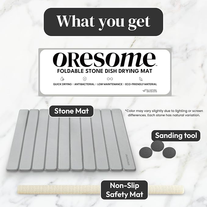 Foldable Kitchen Drying Stone, Stone Drying Mat for Kitchen Sink, 24" x 16" | Quick Moisture Absorption, Premium Diatomaceous Earth, Non-Slip Base, Under Dish Rack or Direct Drying, Sanding Tool Included - Image 7