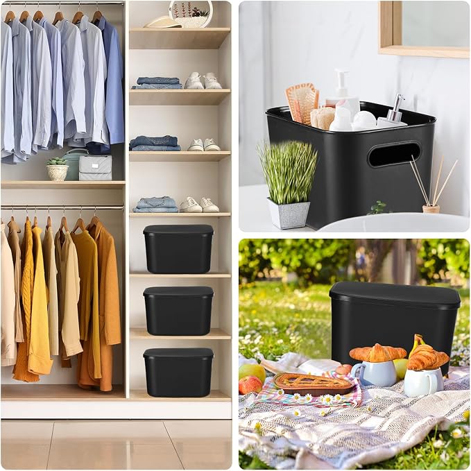 8 Pieces Colorful Storage Bins with Lid, Plastic Storage Basket Organizing Container Stackable Box with Handle for Shelves Desktop Playroom Office(9.8 x 7.1 x 6.3 Inch,Black) - Image 7