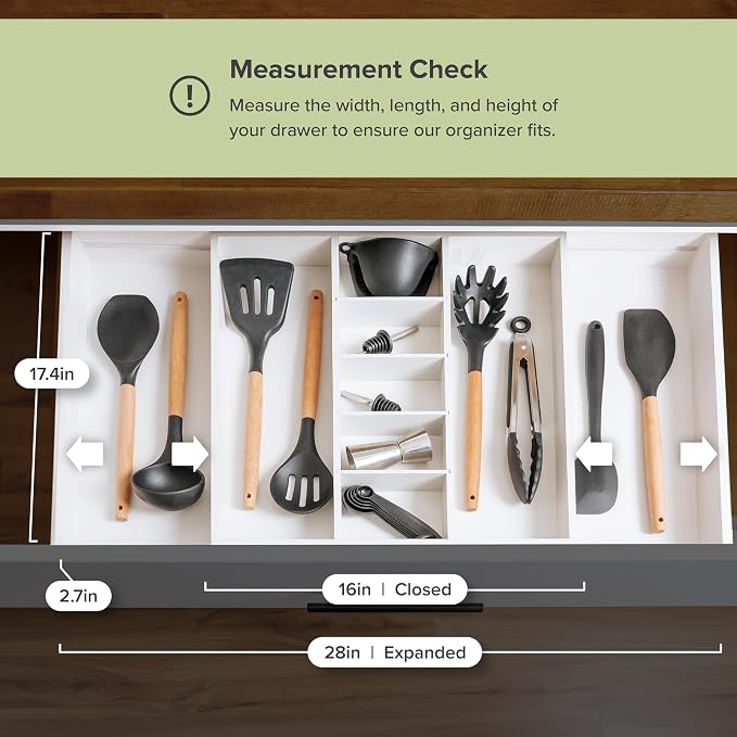 Utensil & Junk Drawer Organizer, 16-28 in, White Bamboo | Food-safe contract grade, 100% sustainable wood, non-slip, adjustable - Image 7