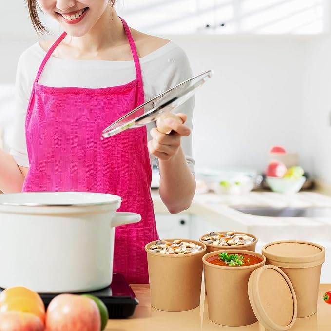 Irenare 200 Pack 12 oz Disposable Containers with Lids for Soup Ice Cream Food Fruit Bulk Paper Bowls Storage Cups with Lids, Microwavable and Freezer Safe(Brown) - Image 7