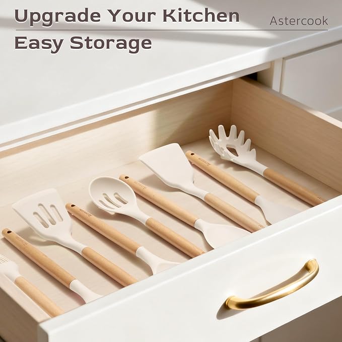 Astercook Kitchen Utensils set, 39 PCS Silicone Cooking Utensils Set with Wooden Handle, 446°F Heat Resistant Food Grade Utensil Sets, BPA Free Kitchen Gadgets Tools Set for Nonstick Cookware (Cream) - Image 9
