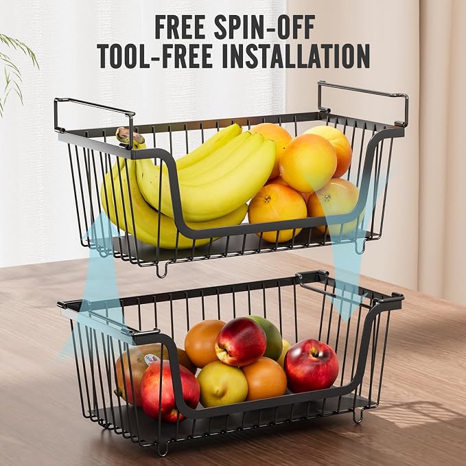 4 Pcs Stackable Wire Baskets Pantry Organizers and Storage Bins,Black | Breathable Metal Design with Rotating Handle,Idea for Potato Onion Fruit Snack Veggie Kitchen Countertop Freezer Organization - Image 8