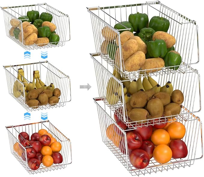 Wire Storage Baskets Stackable Refrigerator Organizer Bins Sturdy Metal Wire Bin Baskets Organization Baskets for Storage with Handles for Kitchen, Closets, Bathroom, Cabinets -Set of 3 - Image 4