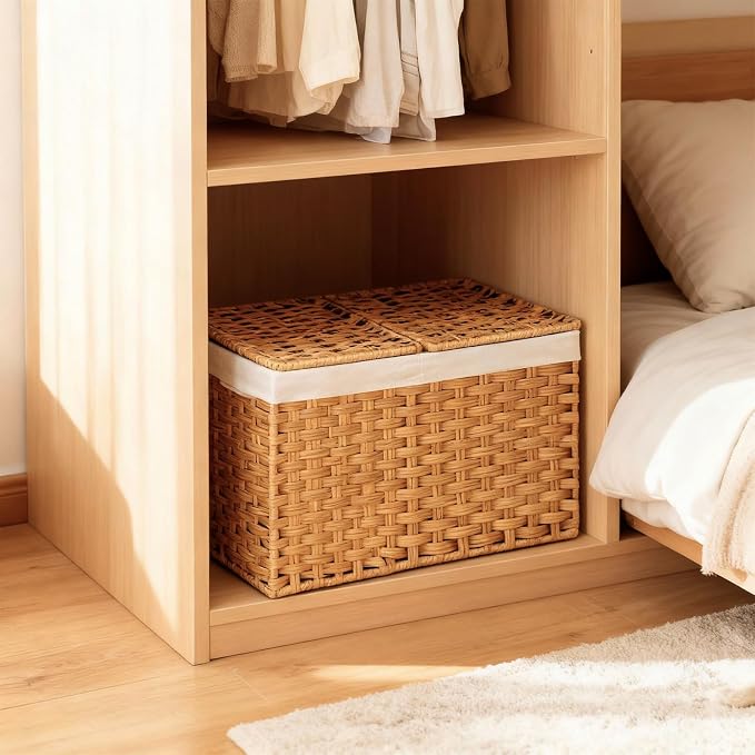 Storage Basket with Lid: Rattan Woven Storage Basket with 2 Separate Lids, 17.2 Gallon (65L), 22 x 13 x 13.8 Inches, Foldable, with 2 Removable Liner Bags & Handles, for Bedroom, Laundry Room, Natural - Image 7