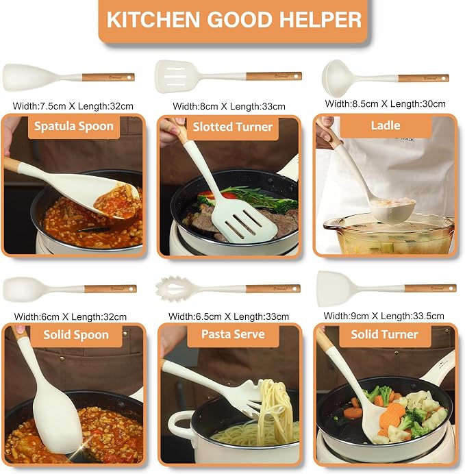 Large Silicone Kitchen Utensils Set with Holder, 25Pcs Cooking Utensil Set with Wooden Handle, Heat Resistant Spatula Sets for Cooking, BPA Free Silicone Utensils Set for Non-Stick Cookware(White) - Image 9