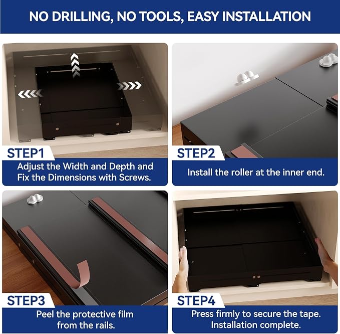 Pull out Cabinet Organizer, Full Metal Expandable Width (12.6"-20.8") & Depth (16"-24.4") Adjustable Slide out Drawers, No Drill Adhesive Roll out Shelves for Kitchen Pantry, Black - Image 7
