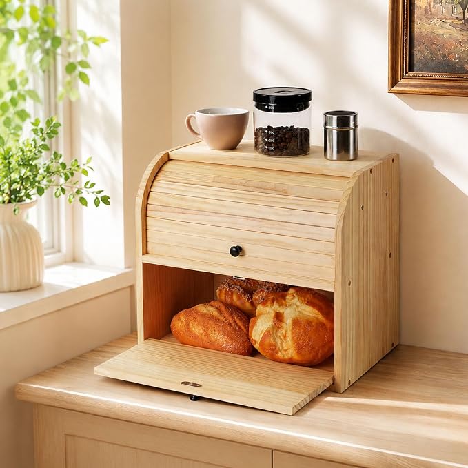 Sunhoo Wooden Bread Box for Kitchen Countertop, Roll Top Breadbox, Natural | Large Double Layer Pantry Container, Solid Wood with Cutting Board, Fresh Homemade Sourdough Bin Cabinet, Vintage Farmhouse - Image 8