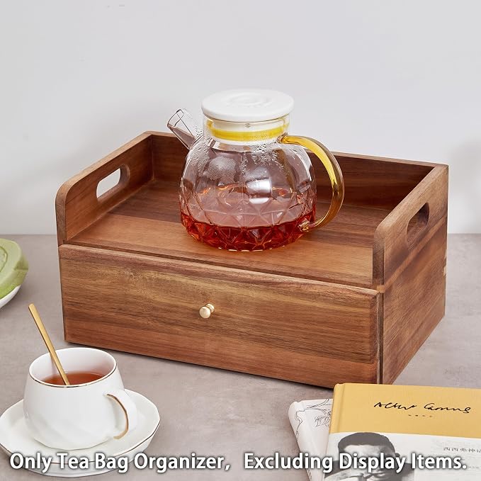 SARUFO Acacia Wood Tea Bag Organizer with Drawer - Tea Station Chest and Storage Box, Coffee and Teabag Holder with 8 Compartments, Containers and Boxes for Countertop Display - Image 6