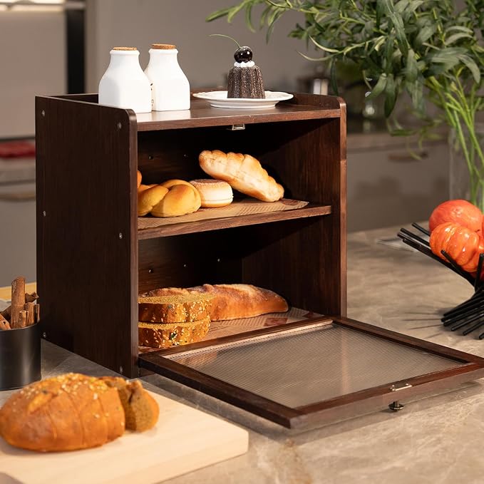Wood Bread Box for Kitchen Countertop with Deli Paper, Walnut | Solid Pine Wood, 2-Tier Large Capacity, Included 50 Deli Papers, Vintage Farmhouse Breadbox, Wooden Bread Storage Container - Image 8