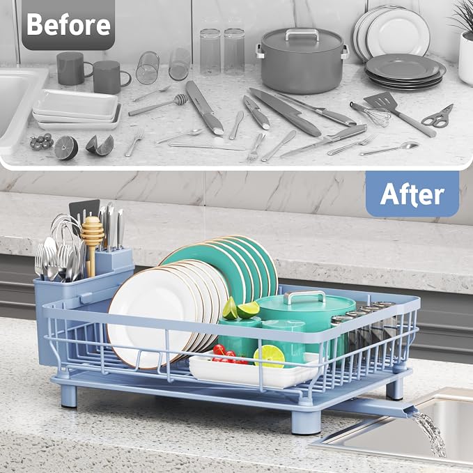 Dish Drying Rack - Space Saving Dish Rack - Dish Racks for Kitchen Counter with Drainboard,Rustproof Dish Drainer with Removable Utensil Holder,Blue - Image 7