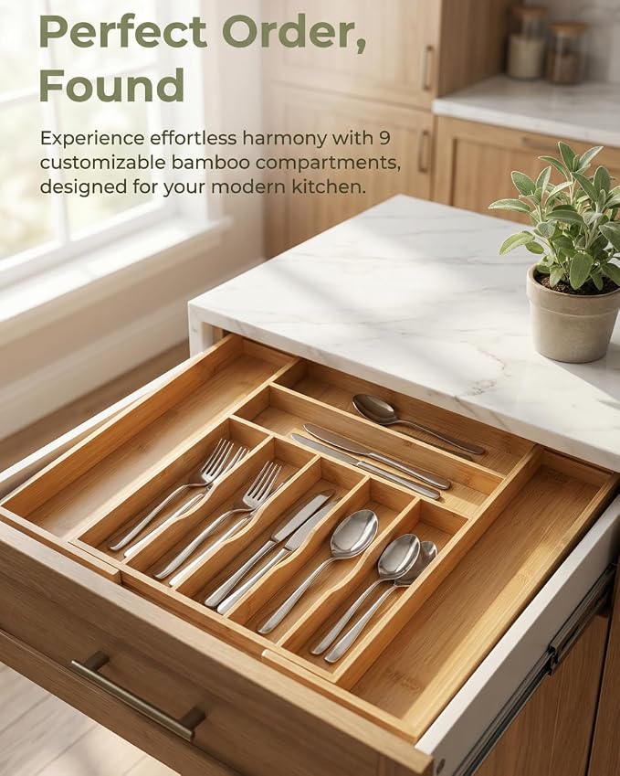 Expandable Bamboo Silverware Drawer Organizer, 5-7 Compartments | Expands to Fit Most Drawers, 5-7 Compartments, Dual-Zone Storage for Flatware and Large Utensils - Image 7