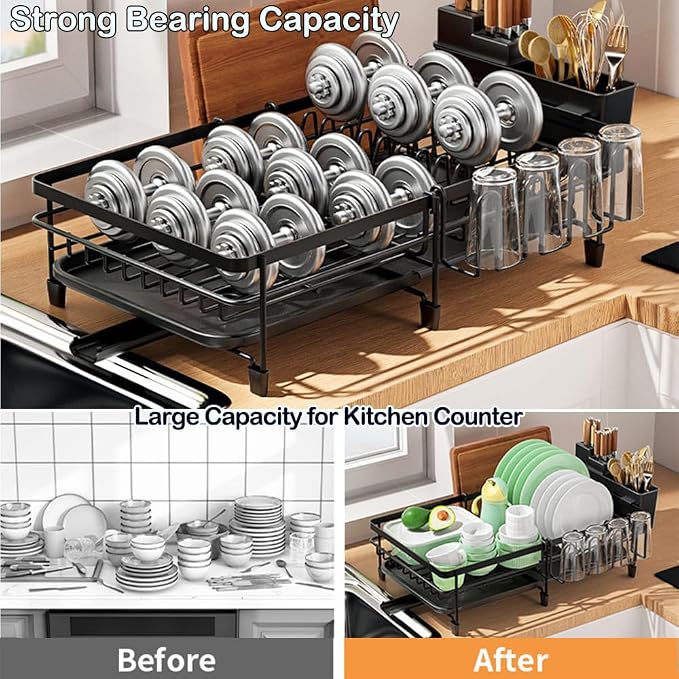 Dish Drying Rack - Extendable Dish Rack, Multifunctional Dish Rack for Kitchen Counter, Anti-Rust Drying Dish Rack with Removable Cutlery & Cup Holders, Black - Image 7