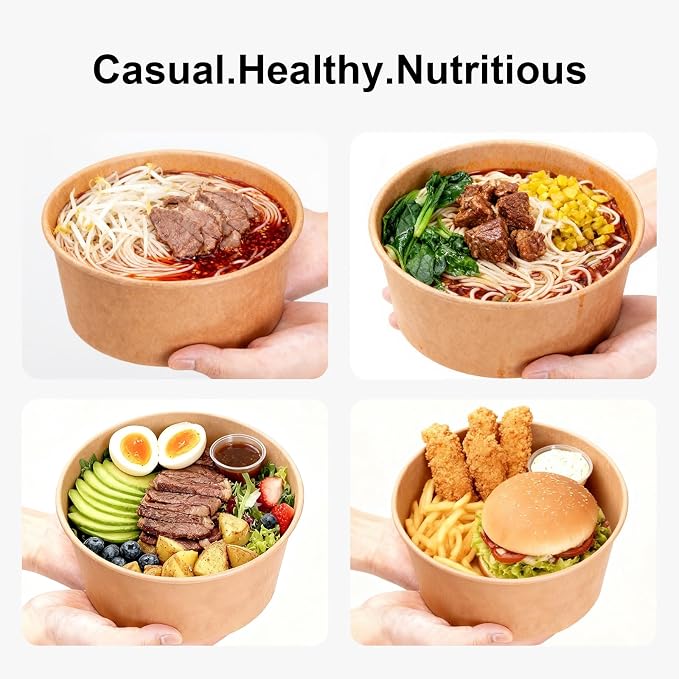 300 Pcs Disposable Round Paper Bowls with Lid 17 oz, Microwave Deli Containers Leakproof Acai Bowls, Salad Bowlwith Lid for Lunch, Disposable bowls with lids for Soup Toppings Snack Camping Family - Image 11
