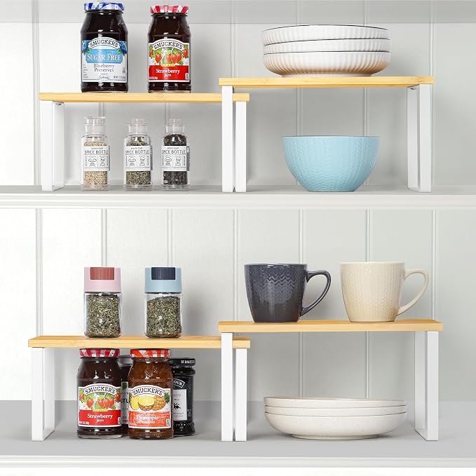 Shinoske Cabinet Shelves Organizer,Set of 2 Stackable Cabinet Counter Organizers Expandable Kitchen Countertop Shelf Spice Racks,Bamboo Top and Metal Frame,White and Natural - Image 7