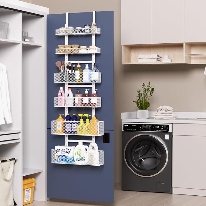 6-Tier Over The Door Pantry Organizer,Hanging Spice Rack,Grid Basket,White | Height Adjustable,Large Capacity,Grid Base for Stable Stoage,For Pantry Door,Laundry Room,Bathroom,Kitchen,D5.3xW15.7xH60.9in - Image 9