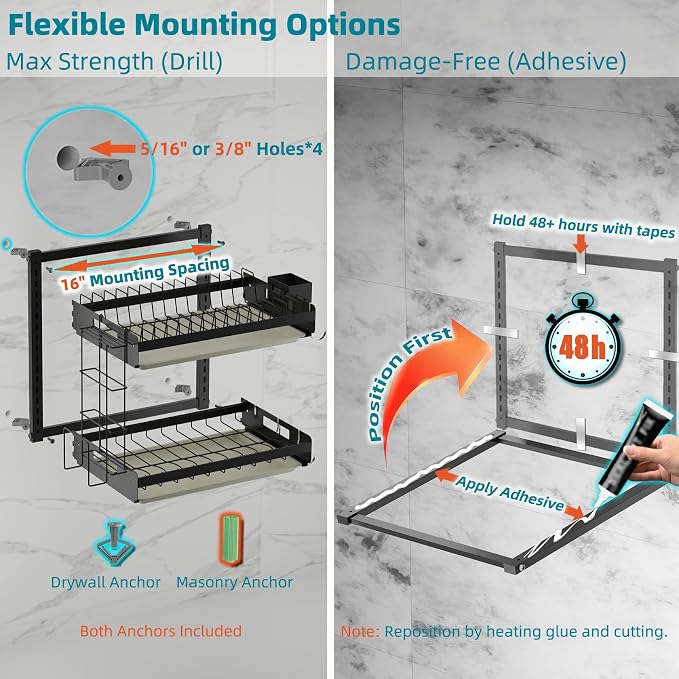 Hanging Wall Mounted Dish Drying Rack, Cutting Board Rack*1, Hook*4, Drain Tray*2, Apartment & RV Wall Mounted Dish Rack, Small Kitchen & Clean Countertop Solution, 2 Layers & 16“ long, Black - Image 8