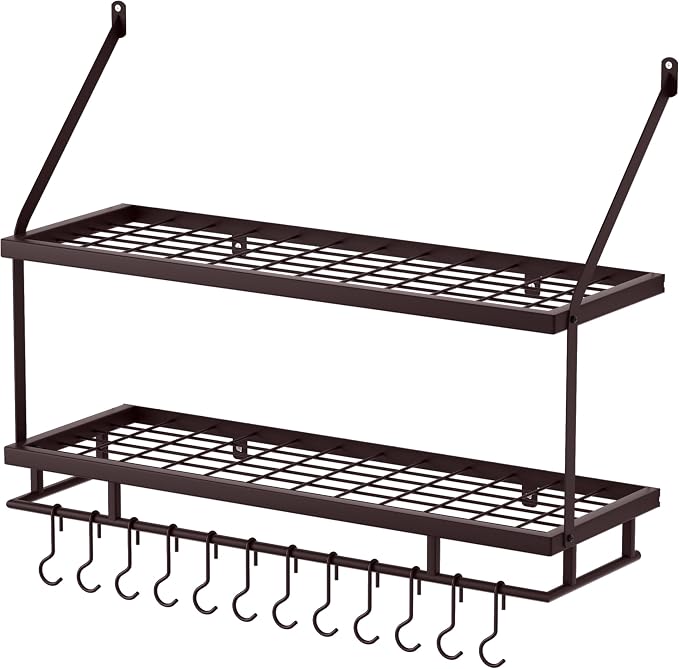 KES 30-Inch Oiled Bronze Pot Rack Wall Mounted, 100 Lbs Capacity, 12 Hooks | 2-Tier, Cast Iron Pots and Pans Organizer Hanging, Kitchen Wall Hanger Shelves, Farmhouse Style, KUR215S75B-OB - Image 9