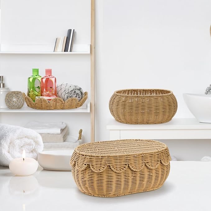 Tebery Set of 2 Wicker Storage Baskets with Lid, Hand Woven Scalloped Basket Boxes for Shelf, Sturdy Rattan Storage Bin Organizer for Home Decoration, Display - Image 9