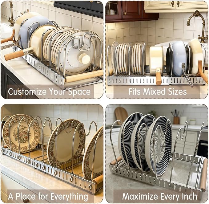 Expandable Pot and Pats Organizer for Cabinet 304 Stainless Steel, 10 Adjustable Dividers Expandable Cookware Rack for Cutting Boards Frying Bakeware, Expanded Size 22.64" Lx7.28 Wx7.68 H - Image 7
