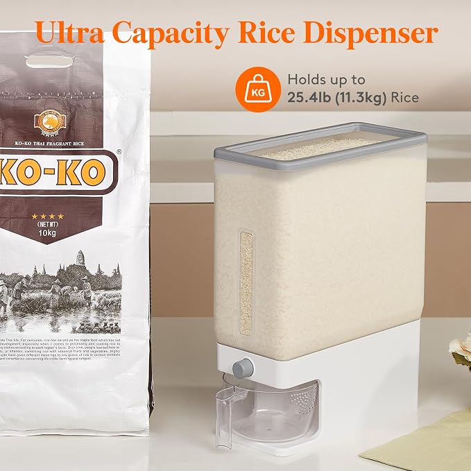 Lifewit Rice Dispenser 25 Lbs, Airtight Storage with Measuring Cup, Clear | BPA-Free 11.3kg Capacity Storage Container for Beans, Corn & Other Small Grains, One-Press Dispensing Bin for Kitchen Pantry - Image 9