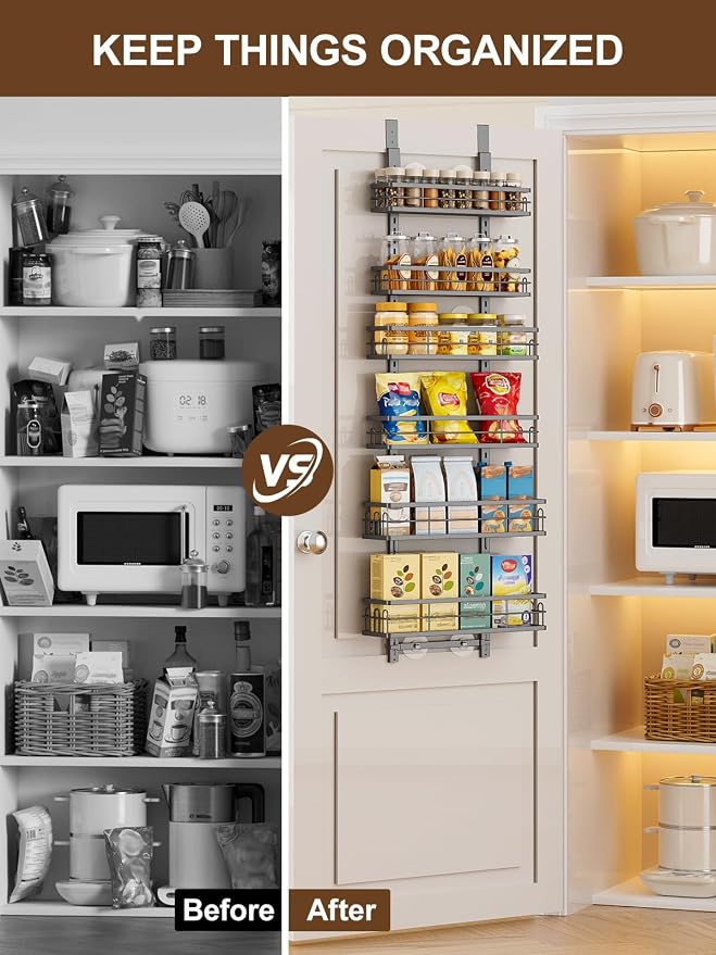 Delamu Over the Door Pantry Organizer, 6 Tier Pantry Door Organizer with Adjustable Basket, Door Spice Rack Seasoning Organizer, Metal Hanging Pantry Organizers and Storage for Kitchen,15.3" Black - Image 8