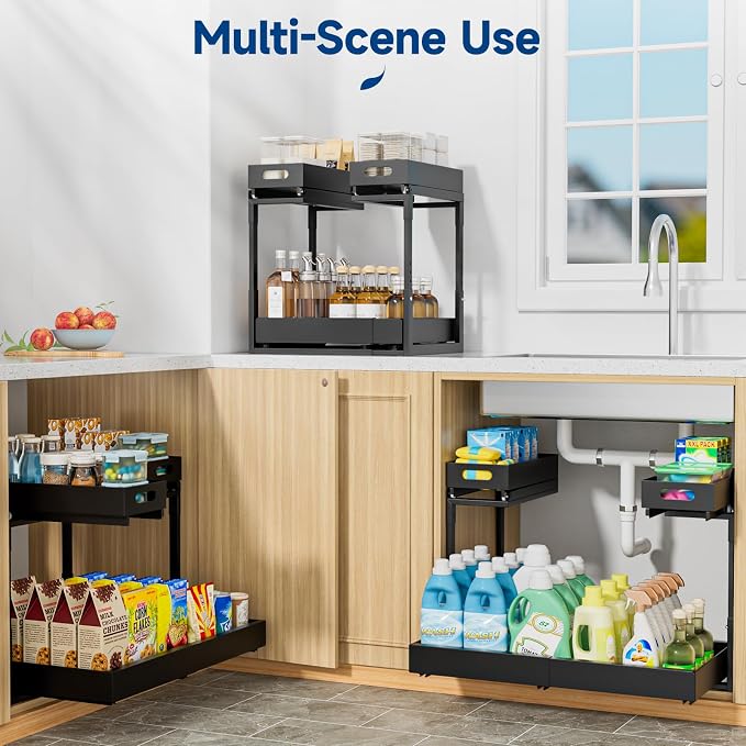 Insputer Upgrade Expandable Under Sink Organizer, 2 Tier Metal Under Cabinet Storage with 3 Slide Rails, Height Adjustable, Thickened Pull Out Drawer Shelf for Bathroom, Kitchen, Laundry, Pantry - Image 8
