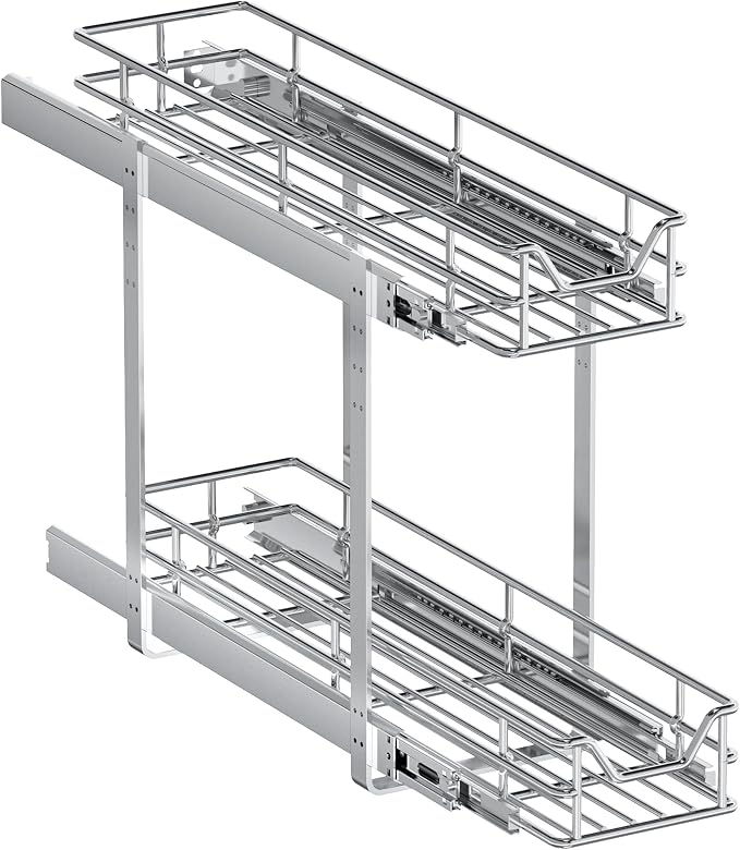 2-Tier Pull Out Cabinet Organizer, 5.5" W x 21.5" D, Heavy Duty Dual Slide Out Shelves for Narrow Base Cabinets, Chrome Wire Basket Drawer for Spices, Bottles & Snacks - Image 9