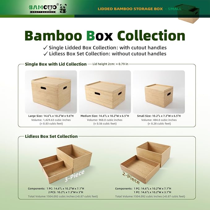 BAMOTTO CRAFTBAMBOO Stackable Bamboo Storage Bin with Lid 10.2”x7.3”x6.5” | Cutout Handles | Compact Design | Natural Bamboo Box Basket for Kitchen Pantry Drawer, Organize Tableware Snacks Toys Books - Image 7