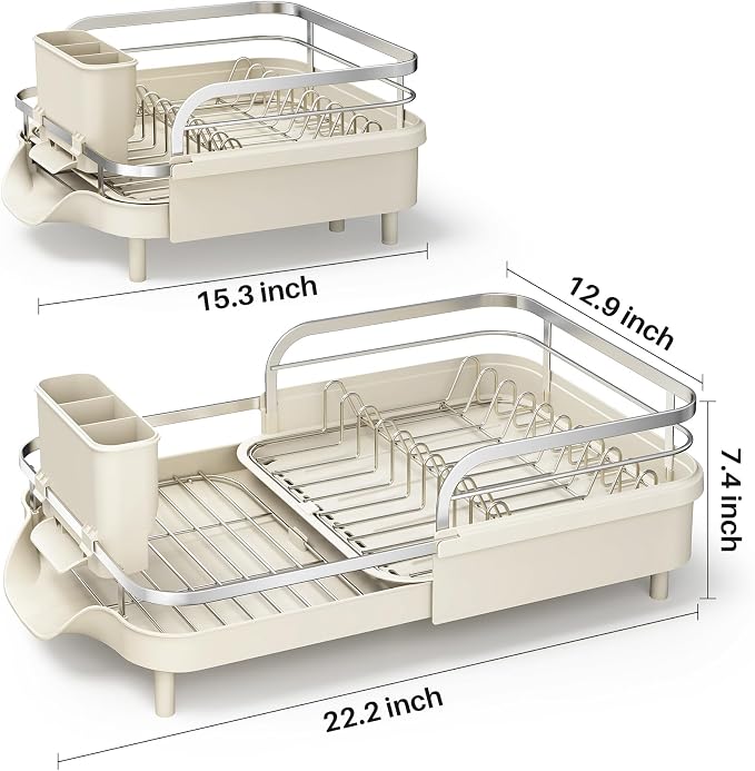 SAYZH Expandable Dish Drying Rack for Small Kitchen Counter, Beige | Stainless Steel, Protective Guardrail, Angled Drainboard, Fits High-Rim Sinks, Removable Utensil Holder - Image 8