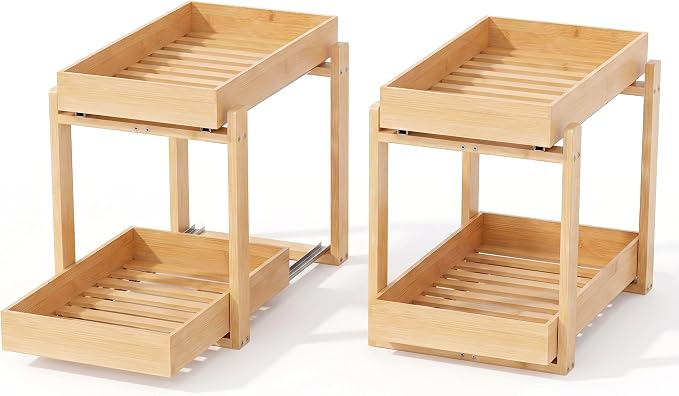 MHXW SXPN Bamboo Under Sink Organizer, 2 Pack Pull Out Cabinet Organizer | 2 Tier Vertical Smooth Slide Out Undersink Storage Shelf | Multi-Purpose Organizer Shelves for Kitchen Bathroom Medicine - Image 9