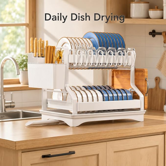 Fandian Dish Drying Rack 2 Tier White Dish Racks for Kitchen Counter and Sink, Large Dish Drying Rack with Drainboard & Utensil Holders Stainless Steel Dish Drainers Kitchen Organization and Storage - Image 8