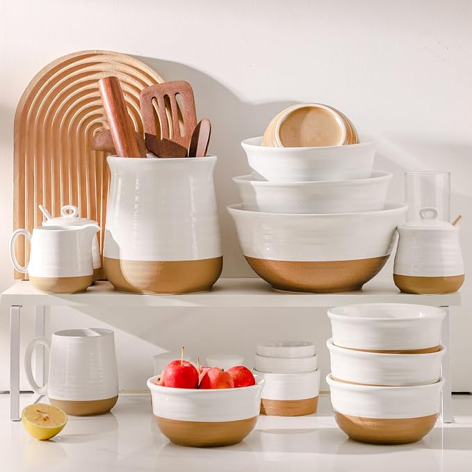 HASENSE Ceramic Cereal Bowls, 20 OZ Soup Bowls for Kitchen, White Bowls Dishwasher and Microwave Safe, Stackable Bowl Set for Pasta Oatmeal Rice Ice Cream, Colorblocked Design Dessert Bowls, Set of 6 - Image 7