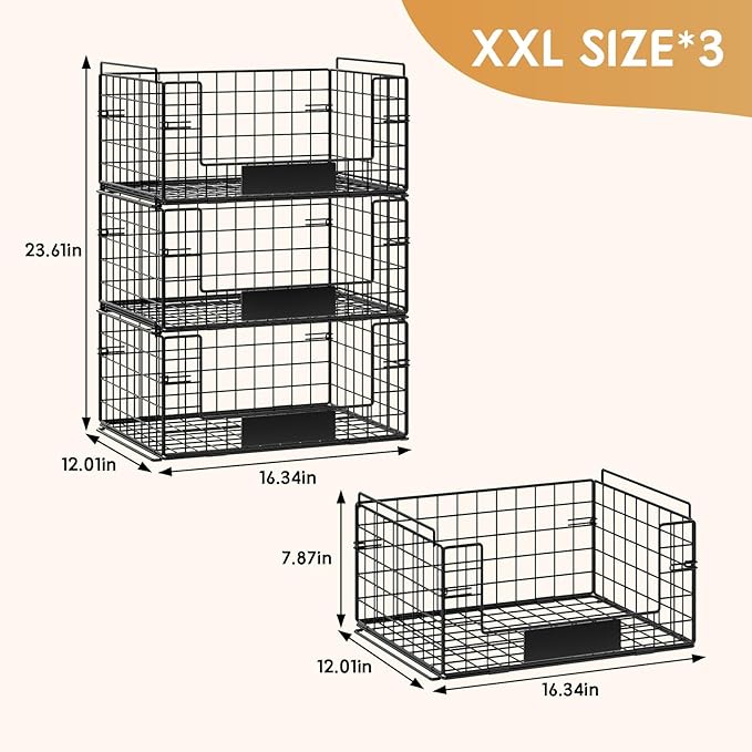 JKsmart 3 Pack XXL Stackable Wire Baskets, Pantry Organizers and Storage | Fruit Basket with Name Plates & Handles & Breathable Design, Muti-Purpose for Snack Rack & Metal Storage Bins & Can Organizer - Image 6