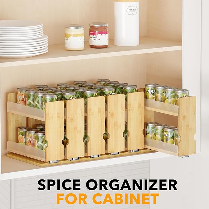SpaceAid Bamboo Pull Out Spice Rack Organizer for Cabinet, Heavy Duty Slide Out Seasoning Kitchen Pantry Sliding Vertical Organization, 7.3" Wide, 2 Drawers(3" Wide), 2-Tier, Natural - Image 6
