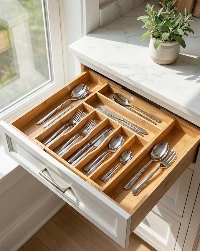 Expandable Bamboo Silverware Drawer Organizer – Adjustable 21" Wide Wooden Utensil Tray with 9-Compartments, Large Kitchen Flatware & Spoon Holder, Natural Solid Wood for Drawers - Image 7