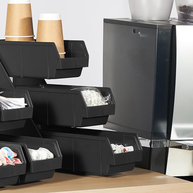 Black Self Serve Condiment Bin Stand Set, 3-Tier Stand with 6 Bins, 20" D x11.5" W x 14" H, Coffee Bar Beverage Station - Image 7
