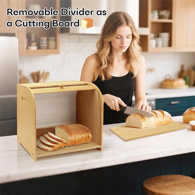 Bread Box for Kitchen Countertop, Double Layer Bamboo Bread Storage Container for Homemade Bread, Roll Top Bread Box with 3 Adjustable Height for Kitchen Counter, Natural Breadbox Organizer | 3 Adjustable Height, Large Capacity, Bamboo Bread Storage Co... - Image 7