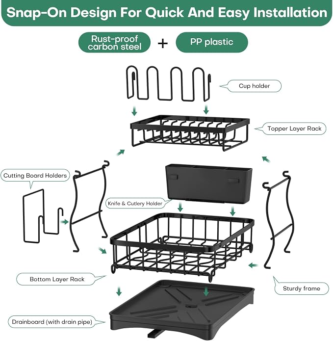 2 Tier Dish Rack, Carbon Steel Dish Drying Rack for Kitchen Organization & Storage, Countertop / Sink Dish Rack with Automatic Drain Tray, Large Capacity Black Dish Rack - Essential Home Kitchen Item - Image 9