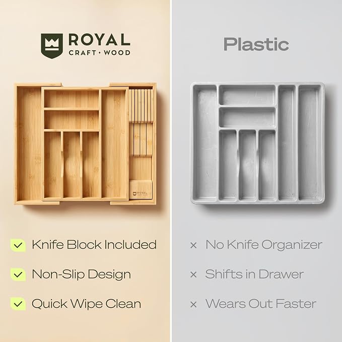 Drawer Organizer for Kitchen Organization – Expandable Bamboo Silverware Drawer Organizer with Removable Knife Block, Bamboo Cutlery, Non-Slip Utensil Organizer with 7-Slot Knife Storage for Flatware - Image 11