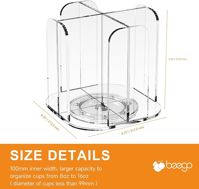Beego Rotatable 4-Compartment Acrylic Cup Dispenser - Coffee Station Cup and Lid Carousel Countertop Plastic Cup Holder for Restaurant Breakroom Coffee Bar - Image 9